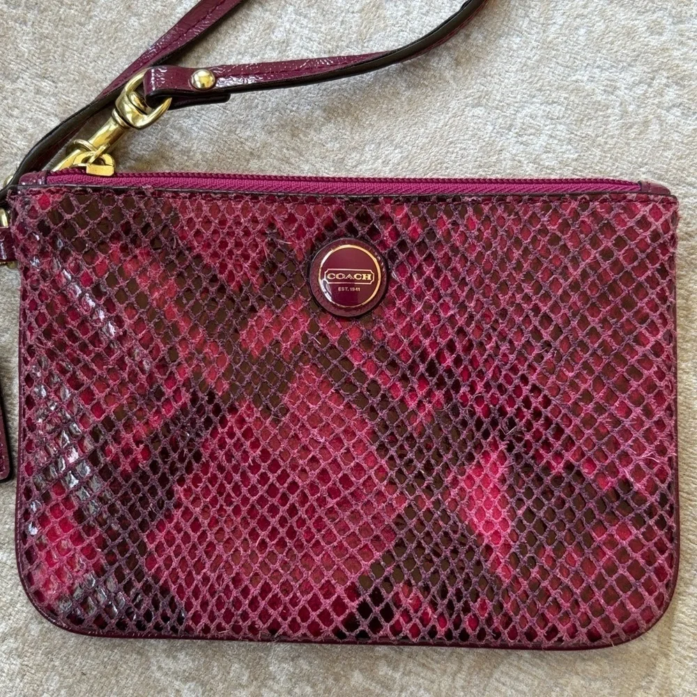 COACH Leather Zippered Wristlet Snakeskin Raspberry Pink Embossed Python Exotic